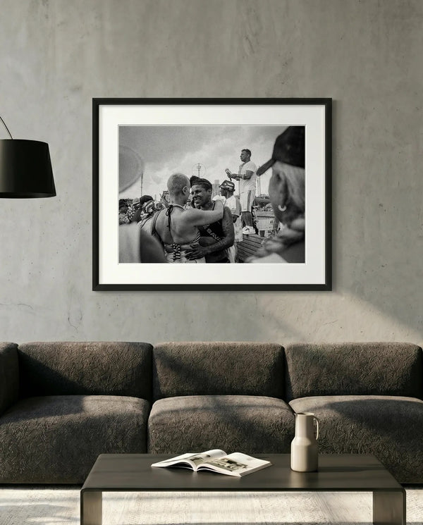 NYC Coney Island Girl Couple, Boardwalk — minimalist close-up framed print mockup, Good Beans NYC.