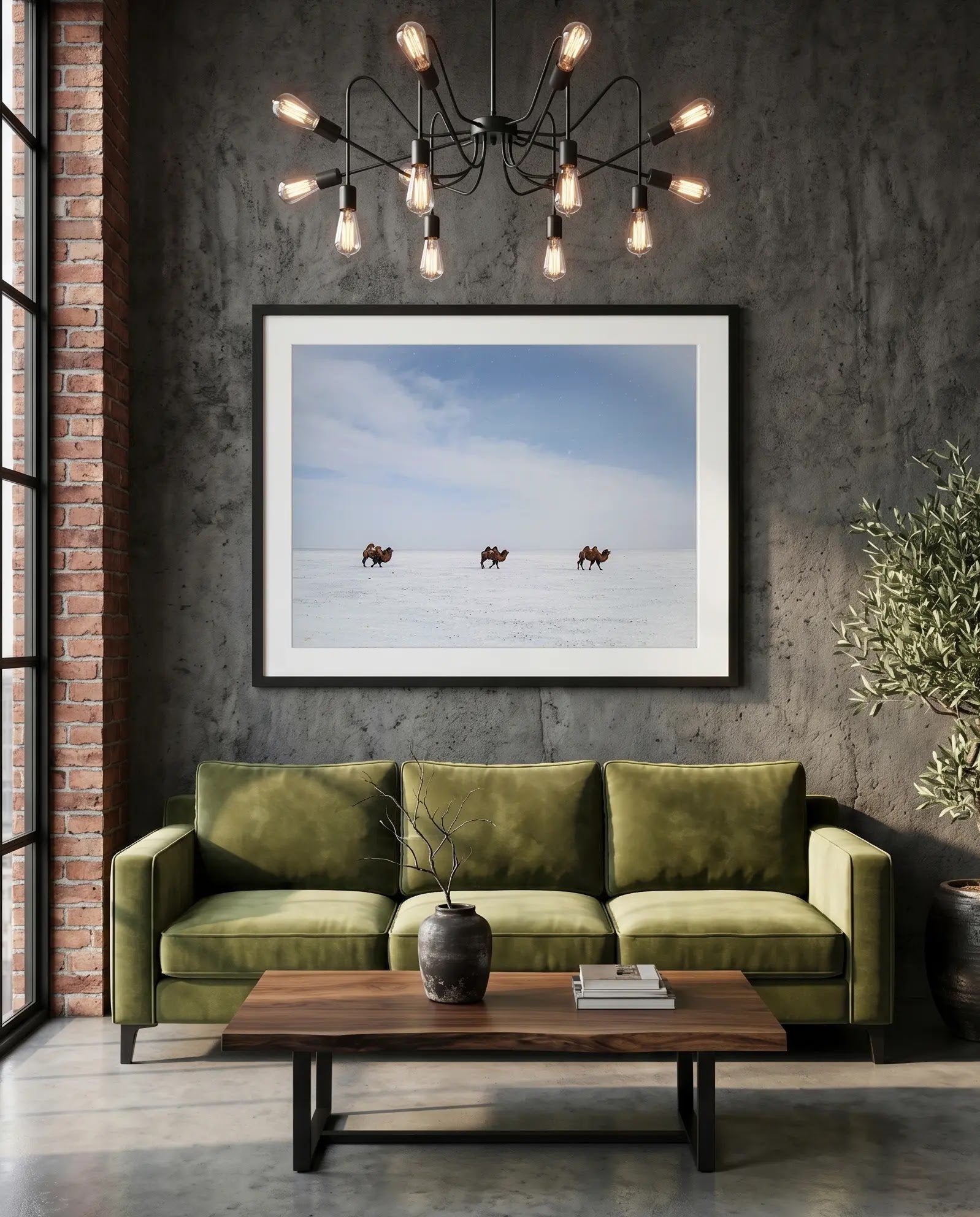 Bactrian Camels on the Mongolian Salt Flat, Gobi — green velvet couch room mockup, Good Beans NYC.