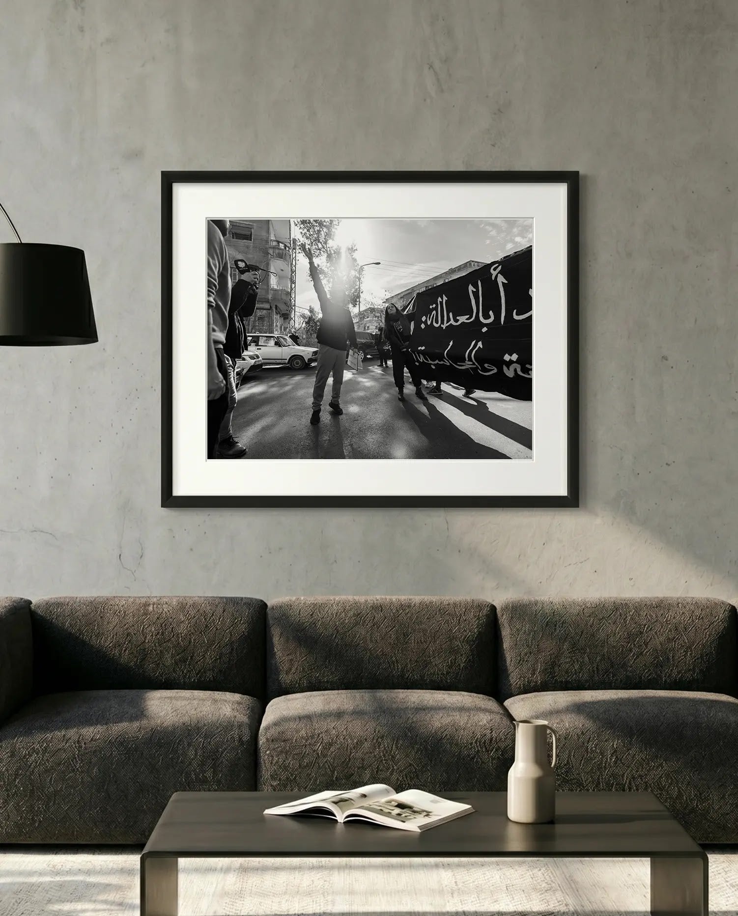 Damascus Raised Fist Protest, Syria — minimalist close-up framed print mockup, Good Beans NYC.