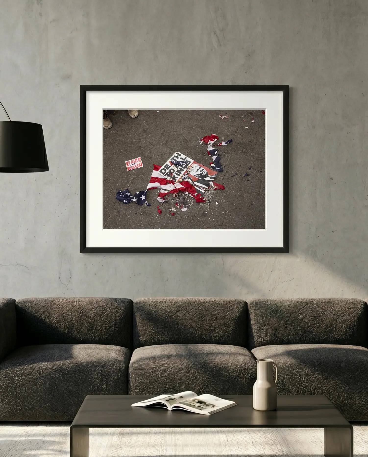 NYC Death to Kings, Burned Flag at Washington Square Park — minimalist close-up framed print mockup, Good Beans NYC.