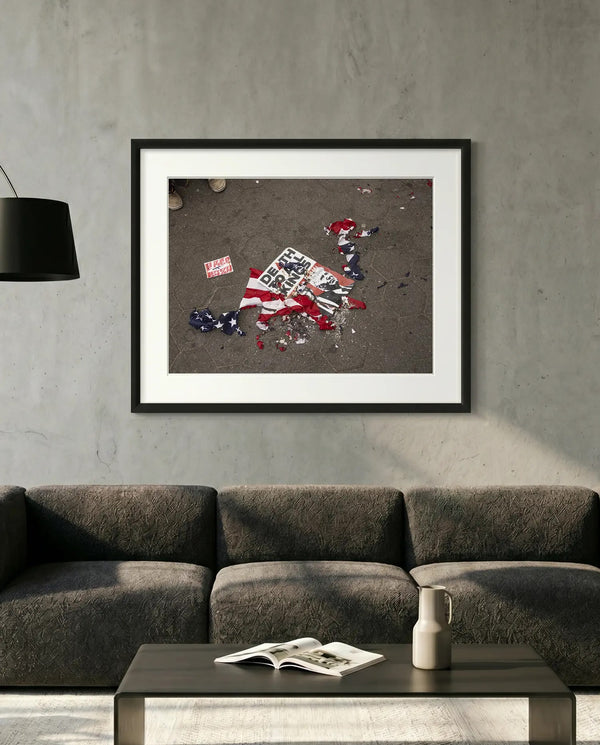 NYC Death to Kings, Burned Flag at Washington Square Park — minimalist close-up framed print mockup, Good Beans NYC.