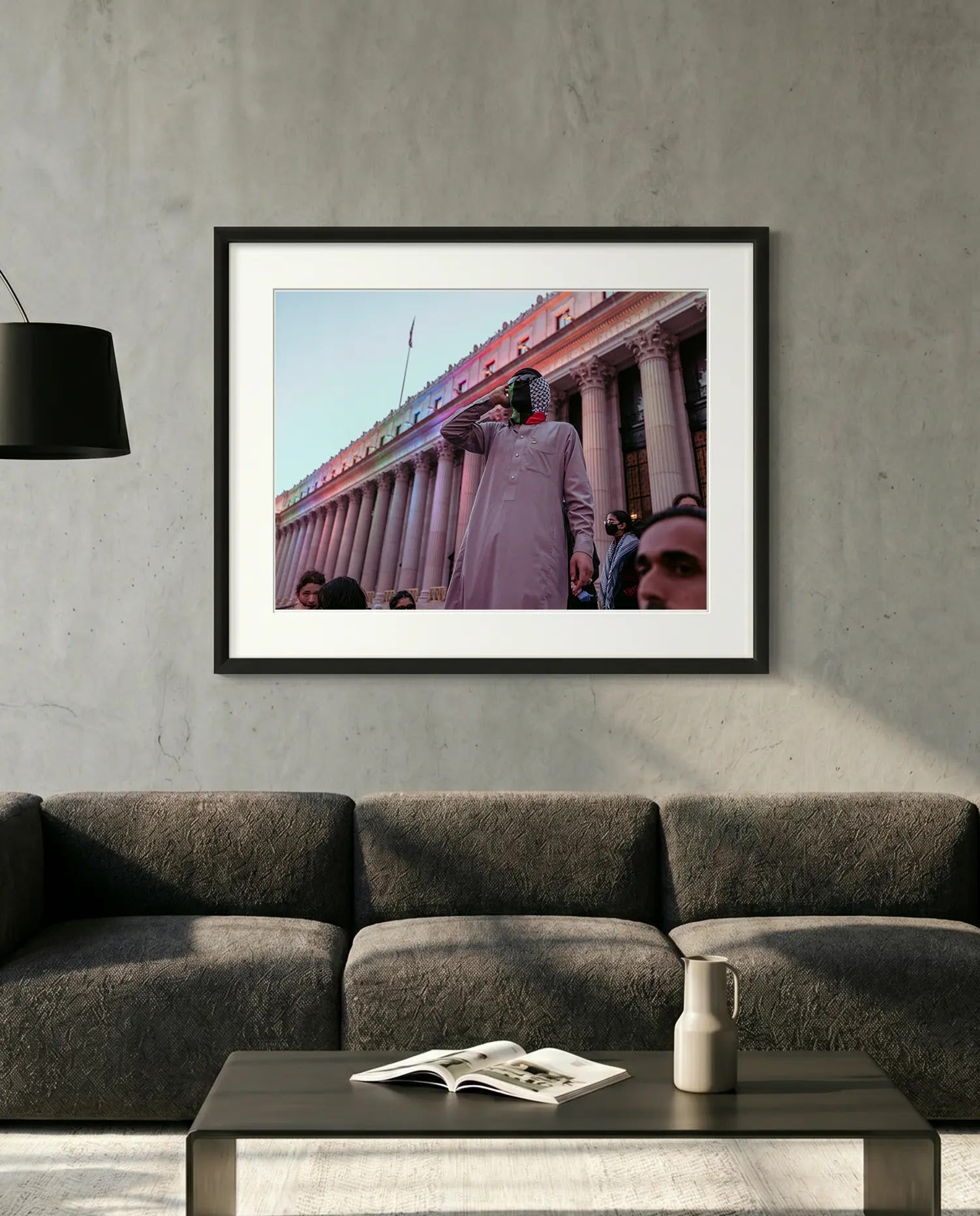 NYC Keffiyeh Protester at Penn Station — minimalist close-up framed print mockup, Good Beans NYC.