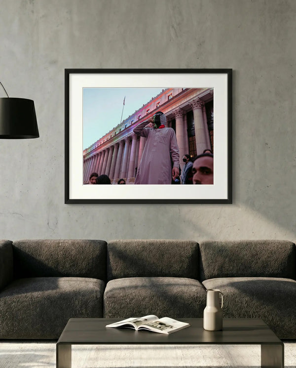 NYC Keffiyeh Protester at Penn Station — minimalist close-up framed print mockup, Good Beans NYC.