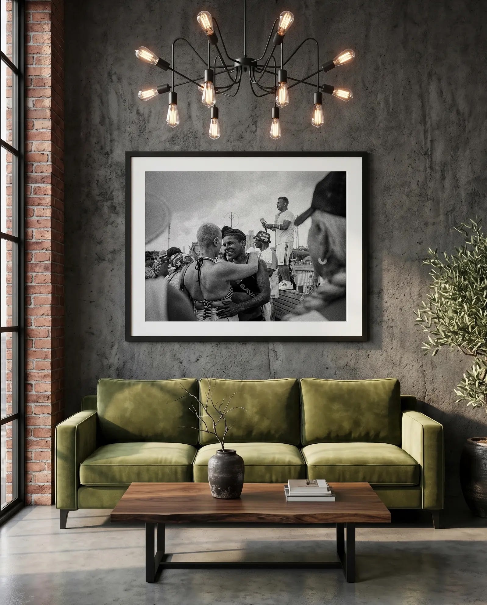 NYC Coney Island Girl Couple, Boardwalk — green velvet couch room mockup, Good Beans NYC.