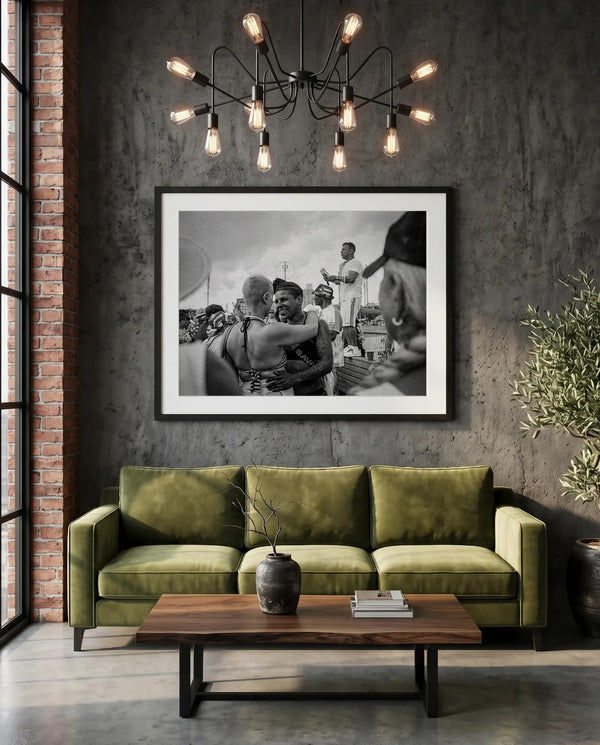 NYC Coney Island Girl Couple, Boardwalk — green velvet couch room mockup, Good Beans NYC.
