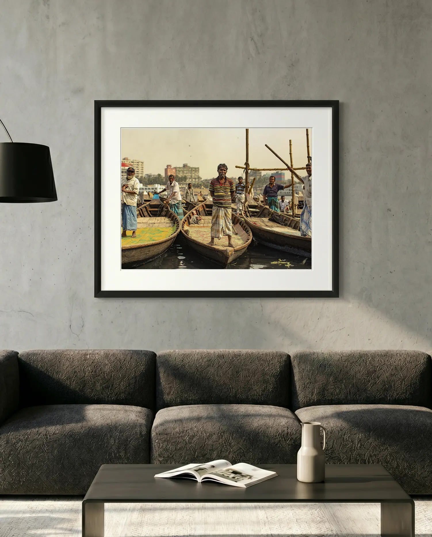 Dhaka Boat Men, Buriganga River — minimalist close-up framed print mockup, Good Beans NYC.