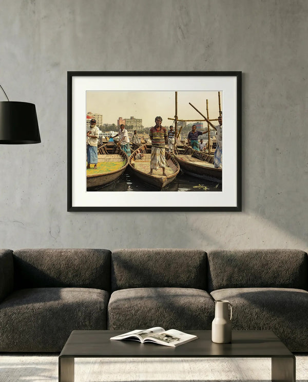 Dhaka Boat Men, Buriganga River — minimalist close-up framed print mockup, Good Beans NYC.