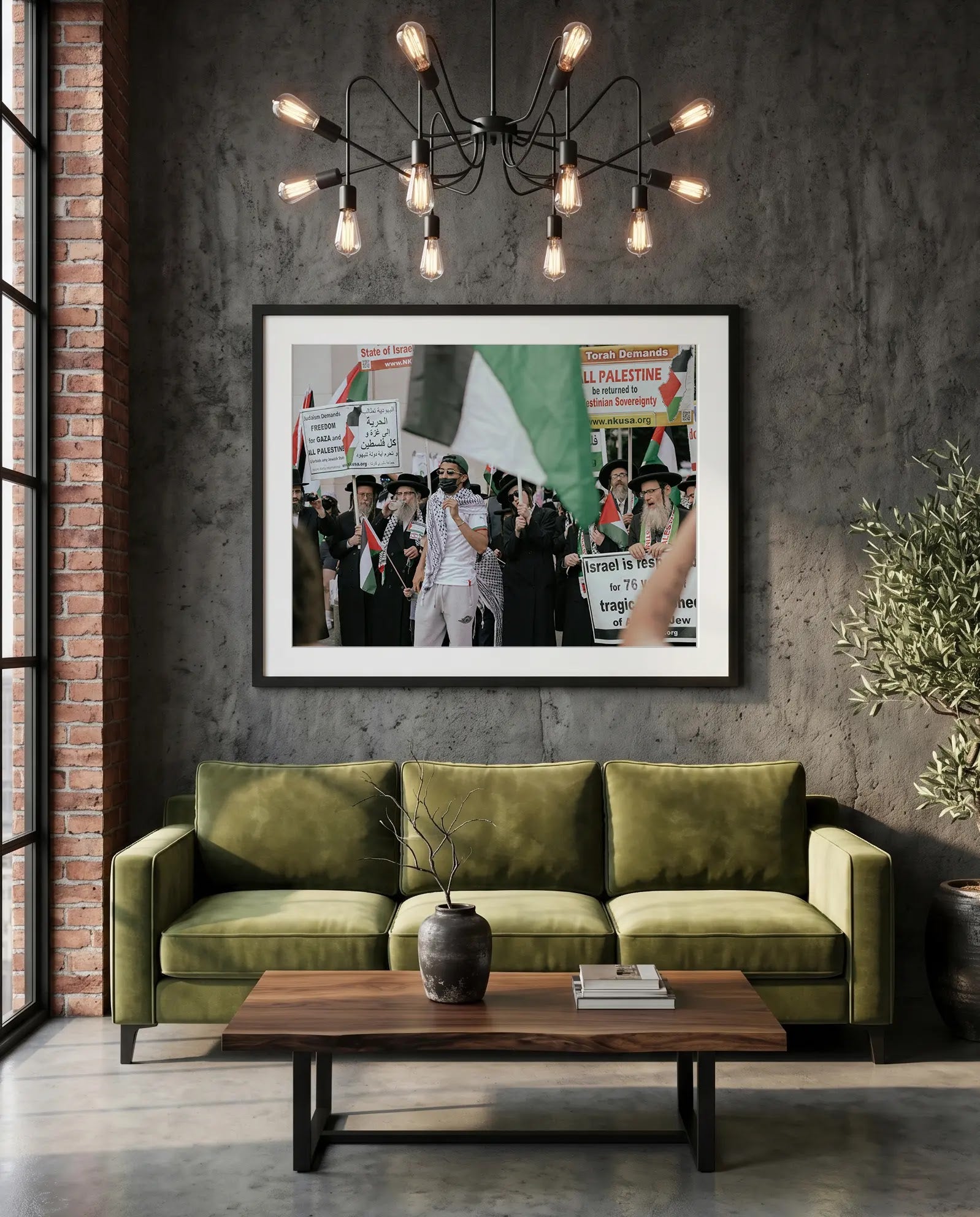 NYC Neturei Karta at Free Palestine Protest — green velvet couch room mockup, Good Beans NYC.