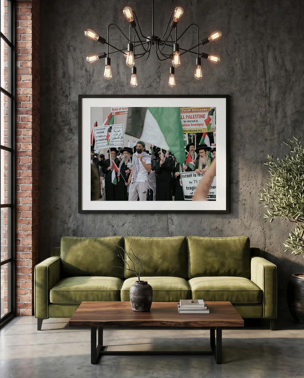 NYC Neturei Karta at Free Palestine Protest — green velvet couch room mockup, Good Beans NYC.