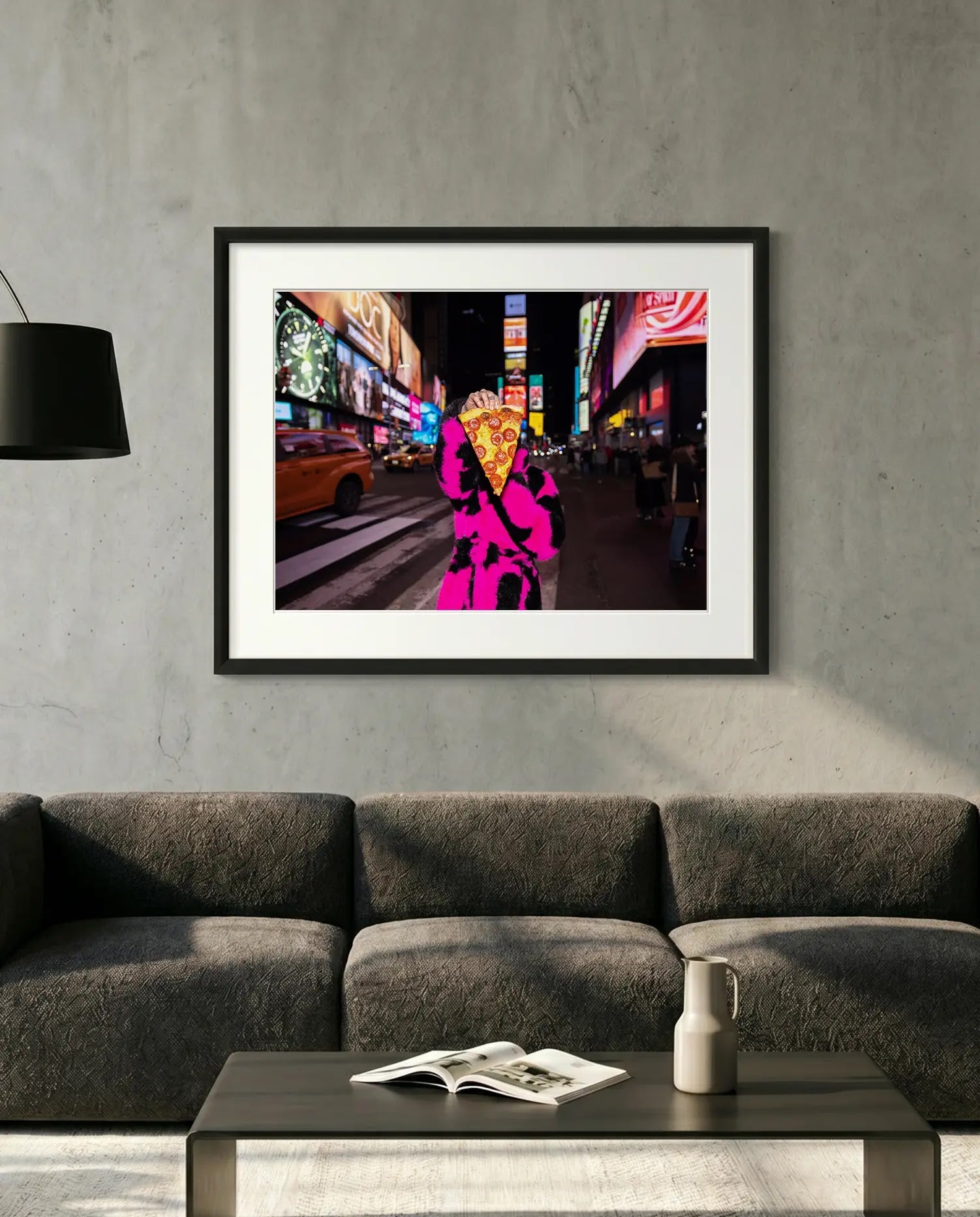 NYC New York in a Time of Pizza Up Close — minimalist close-up framed print mockup, Good Beans NYC.