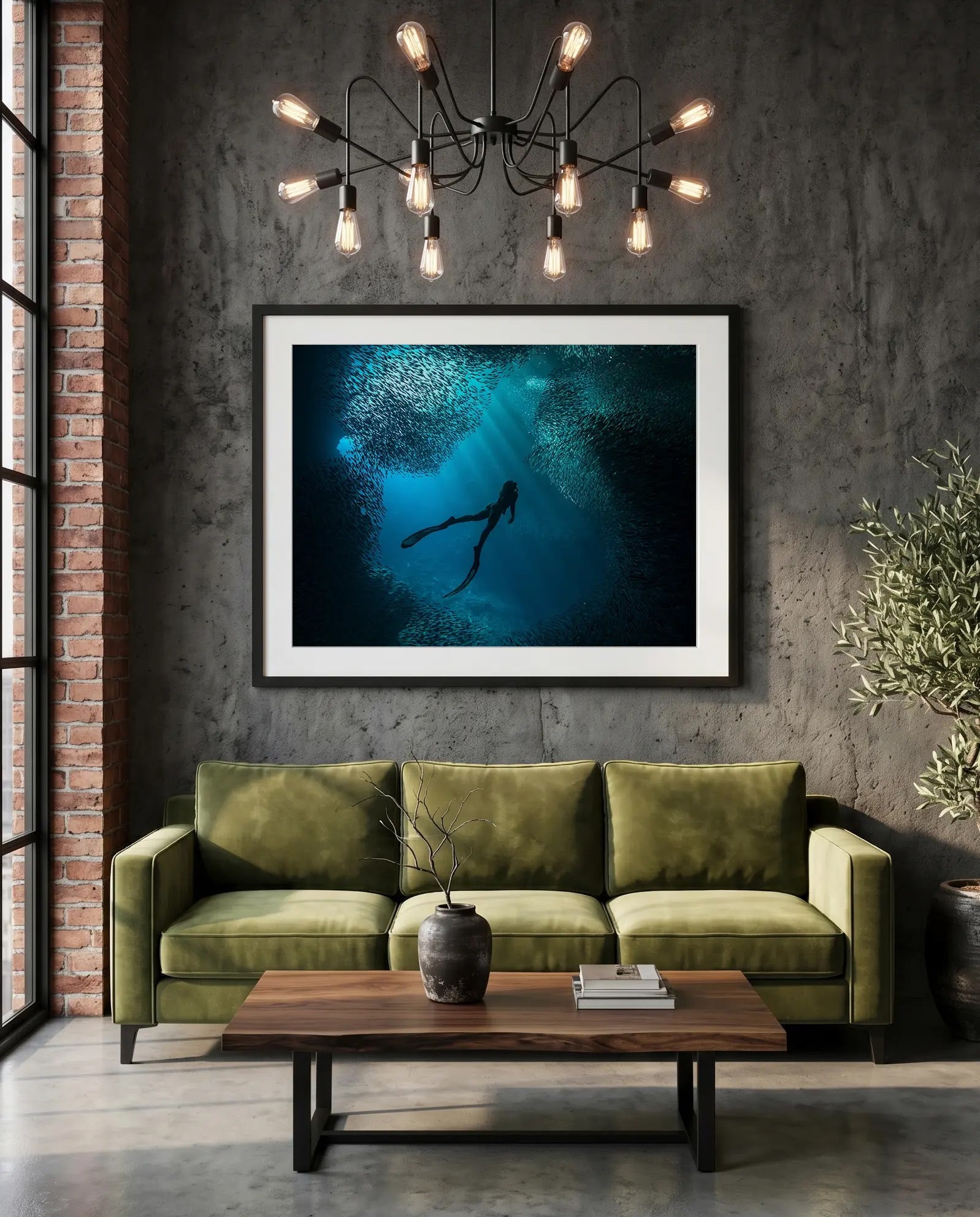 Free Diver Off Mexico Coast, Photo by Karim Iliya — green velvet couch room mockup, Good Beans NYC.