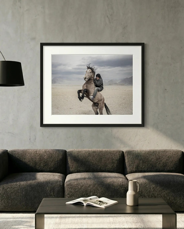 Mongolian Horse Rider, Bayan-Ölgii — minimalist close-up framed print mockup, Good Beans NYC.