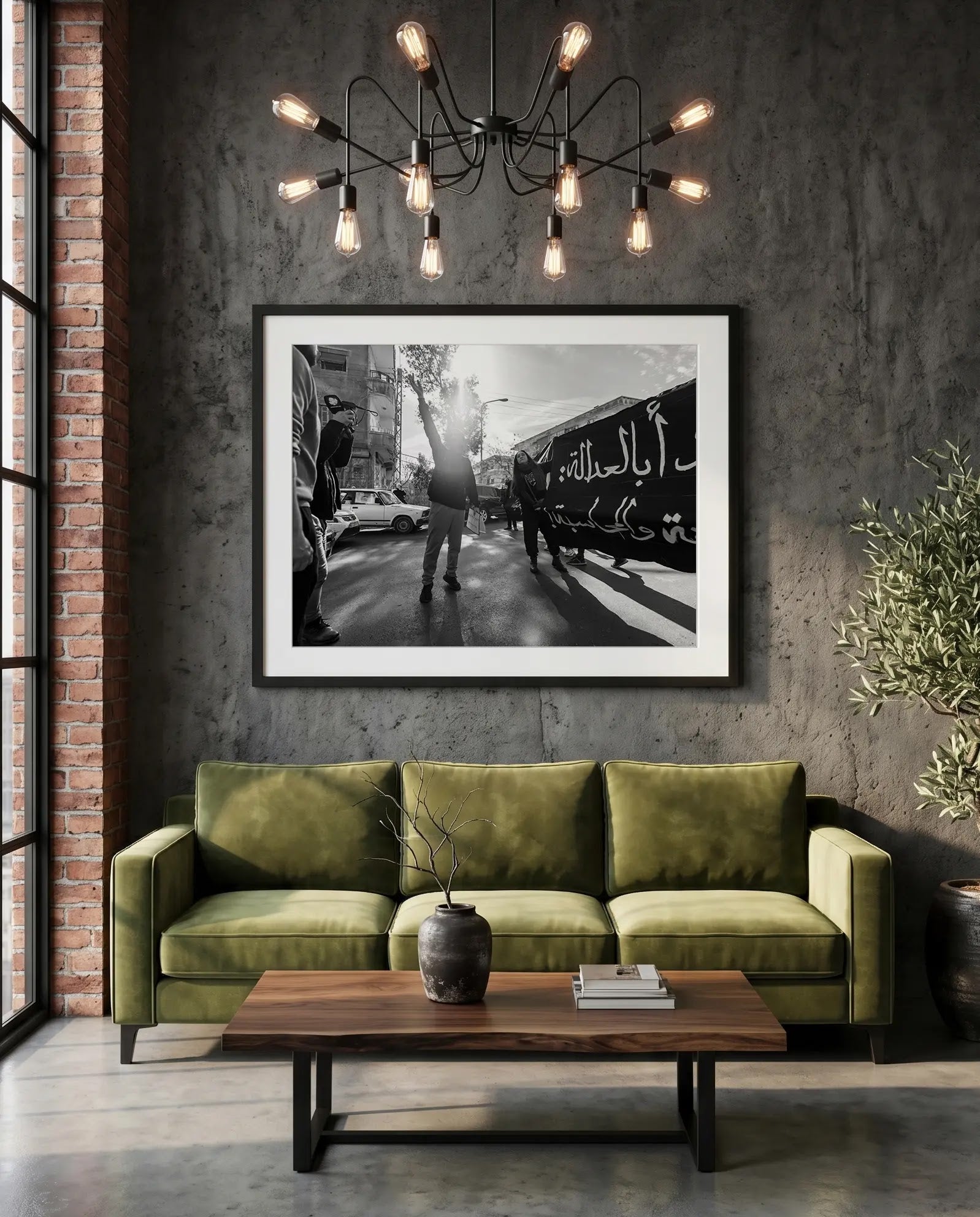 Damascus Raised Fist Protest, Syria — green velvet couch room mockup, Good Beans NYC.
