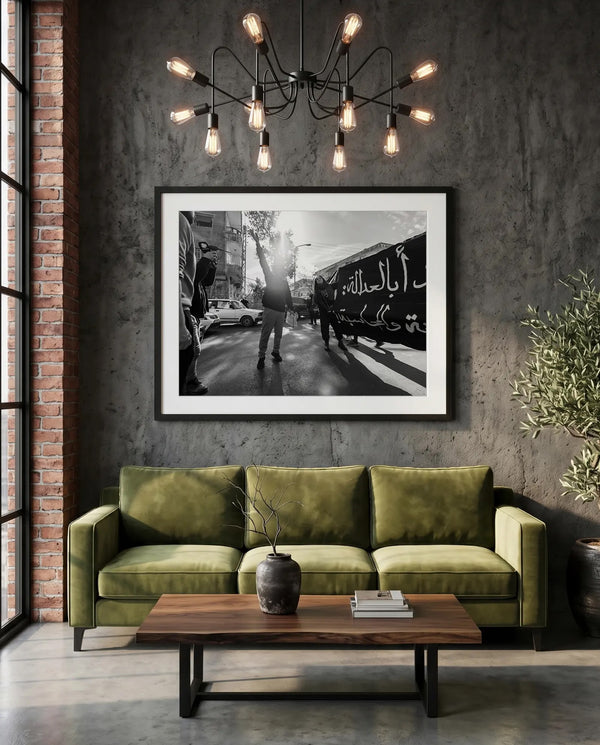 Damascus Raised Fist Protest, Syria — green velvet couch room mockup, Good Beans NYC.