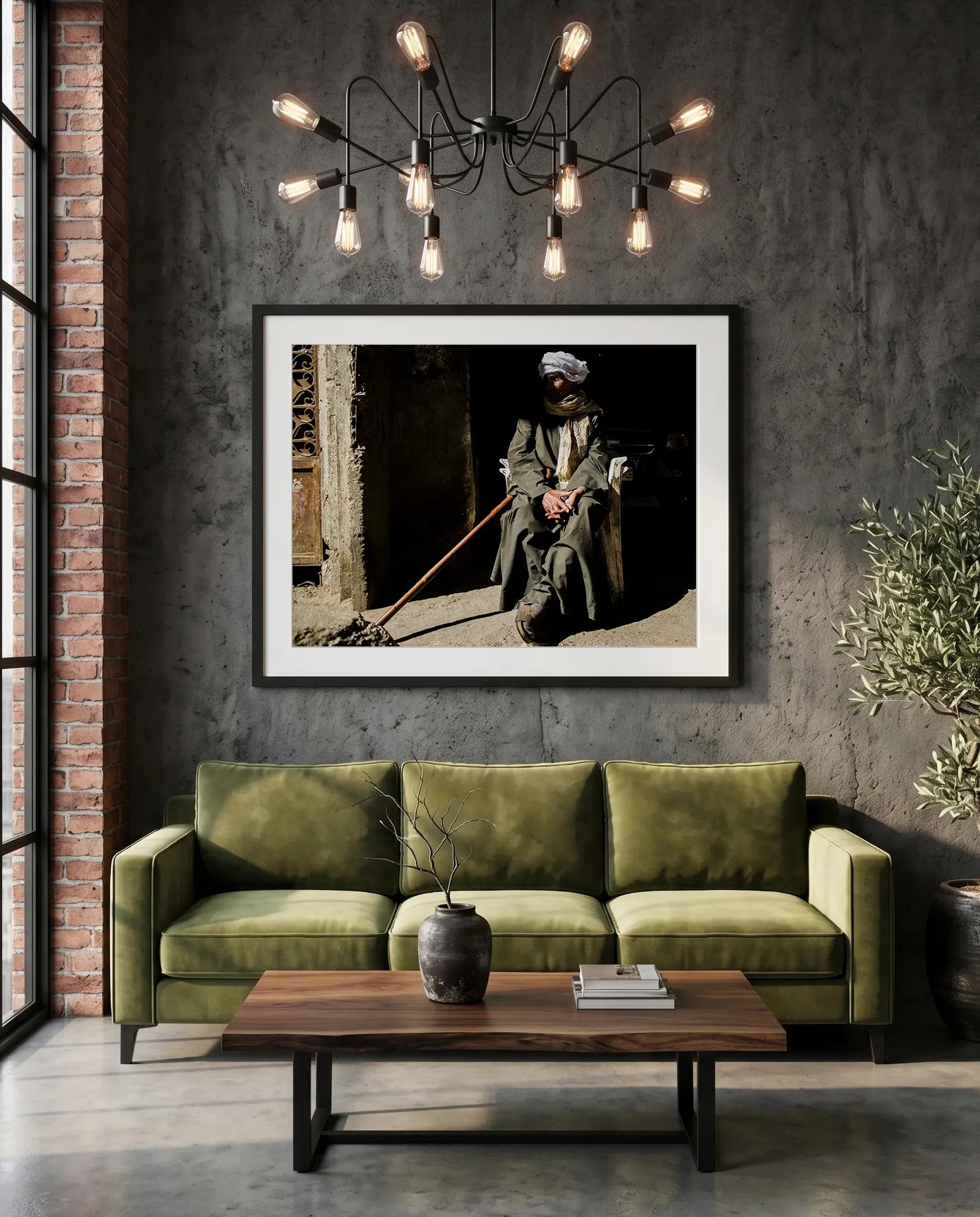 Egypt Old Man with Cane, Cairo's Garbage City — green velvet couch room mockup, Good Beans NYC.