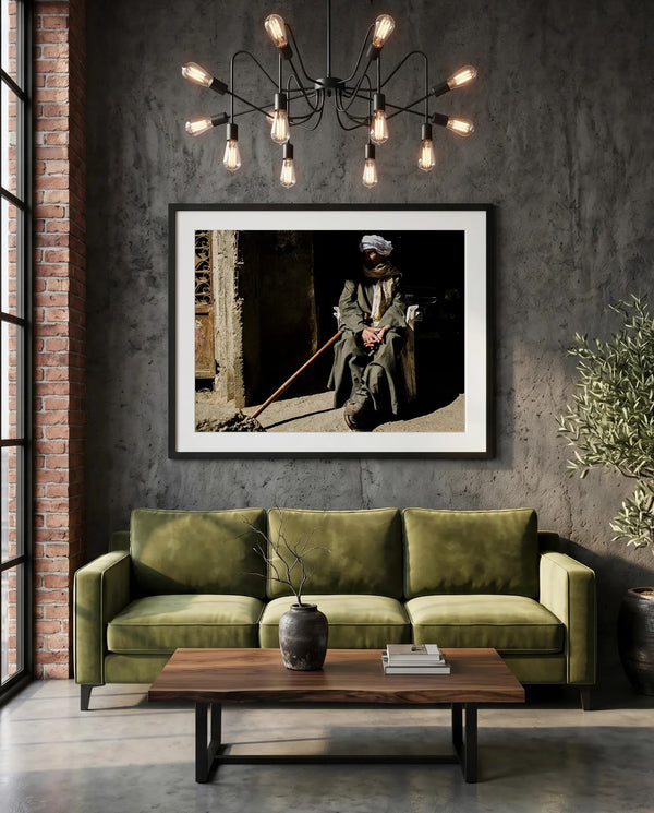 Egypt Old Man with Cane, Cairo's Garbage City — green velvet couch room mockup, Good Beans NYC.