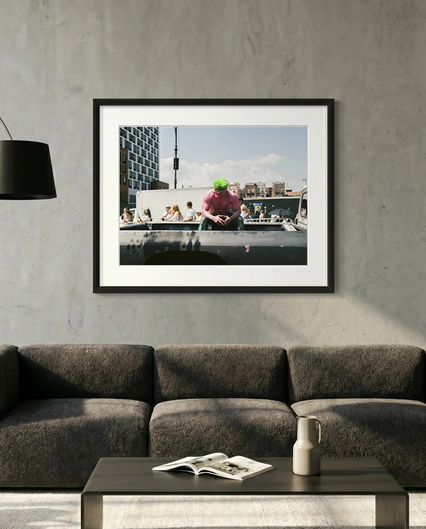 NYC Mermaid Parade Pink Hulk Resting, Coney Island — minimalist close-up framed print mockup, Good Beans NYC.