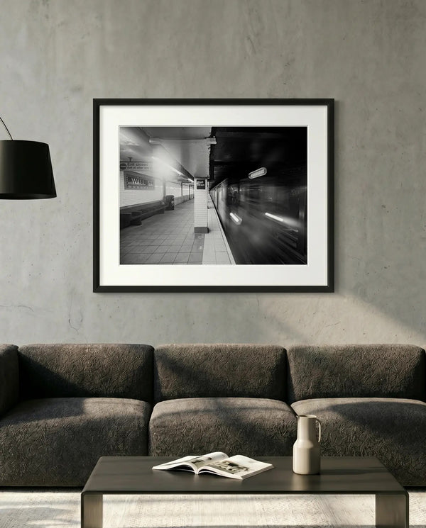 NYC Subway Wall Street Platform Blur — minimalist close-up framed print mockup, Good Beans NYC.