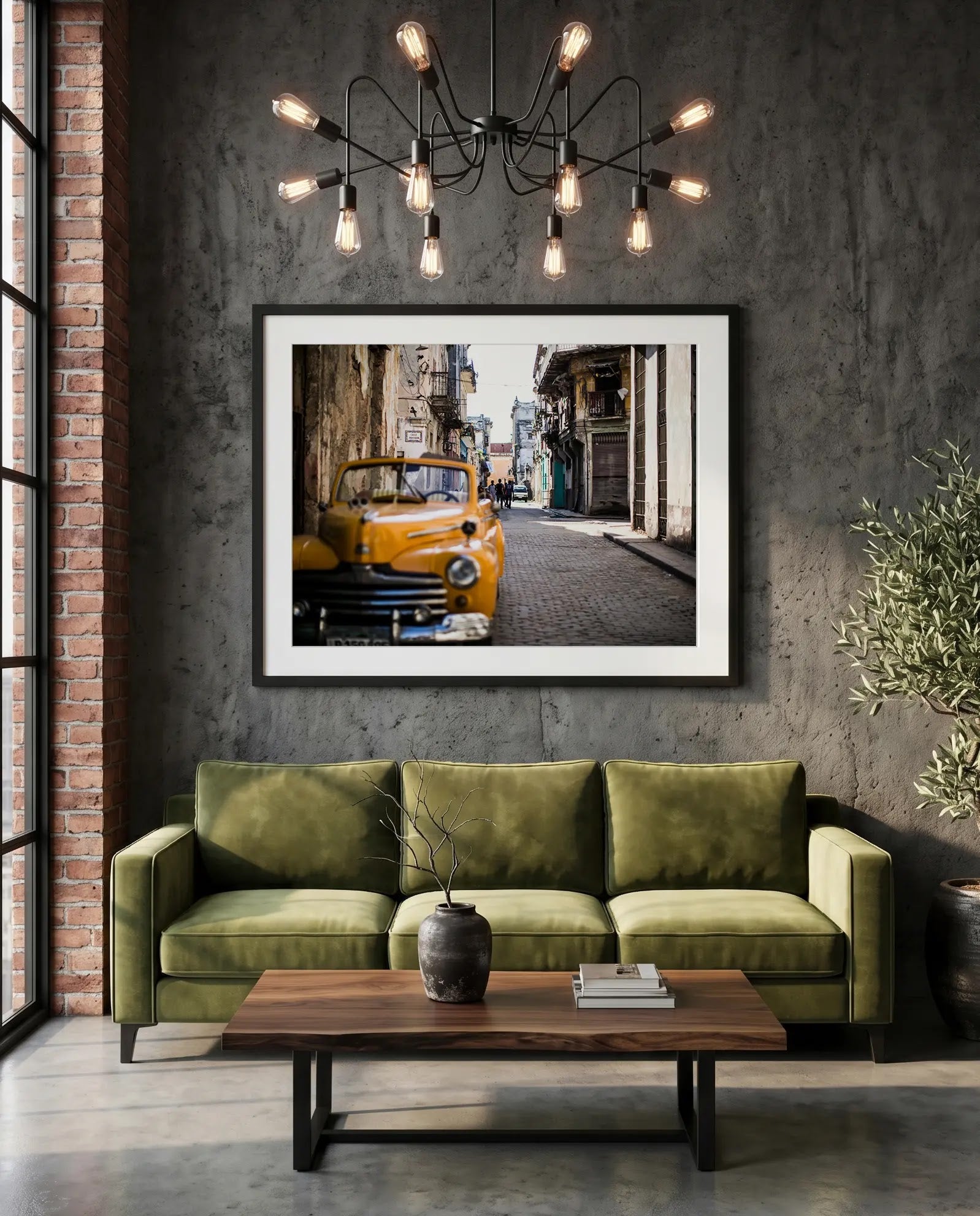 Cuba Taxi, Old Havana — green velvet couch room mockup, Good Beans NYC.
