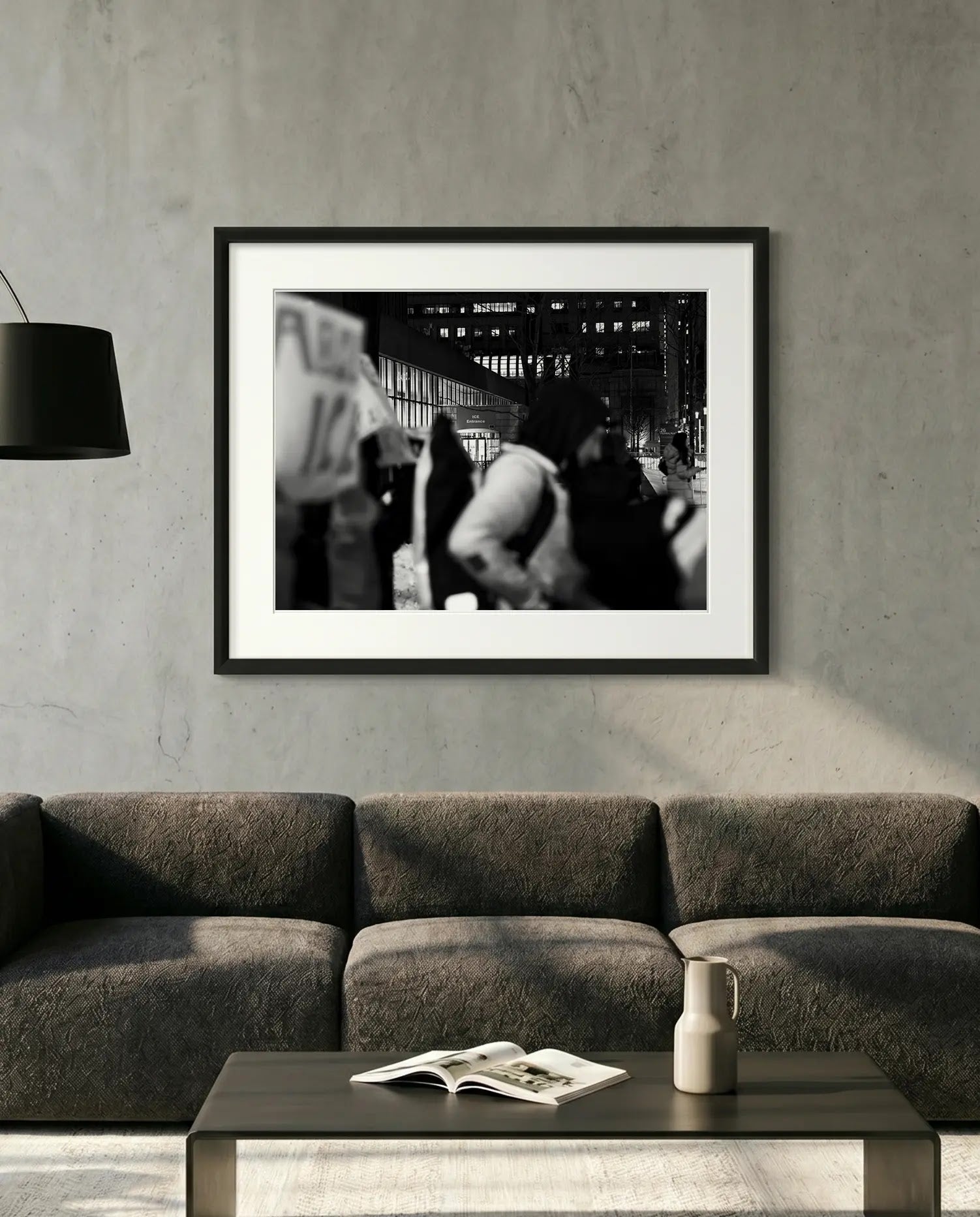 NYC Abolish ICE Entrance, Manhattan — minimalist close-up framed print mockup, Good Beans NYC.