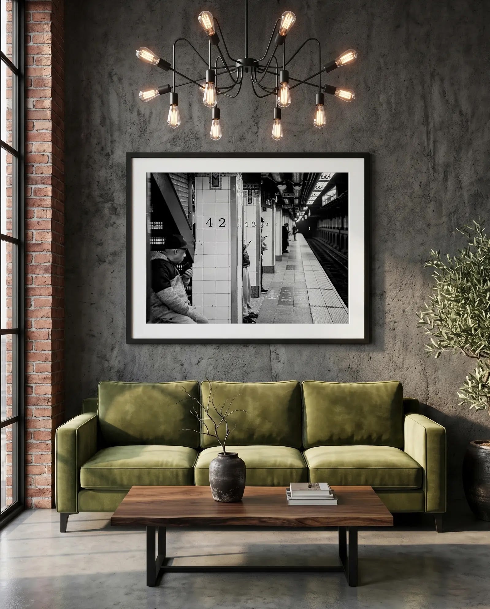NYC Subway 42nd Street Phones, Portals Series — green velvet couch room mockup, Good Beans NYC.