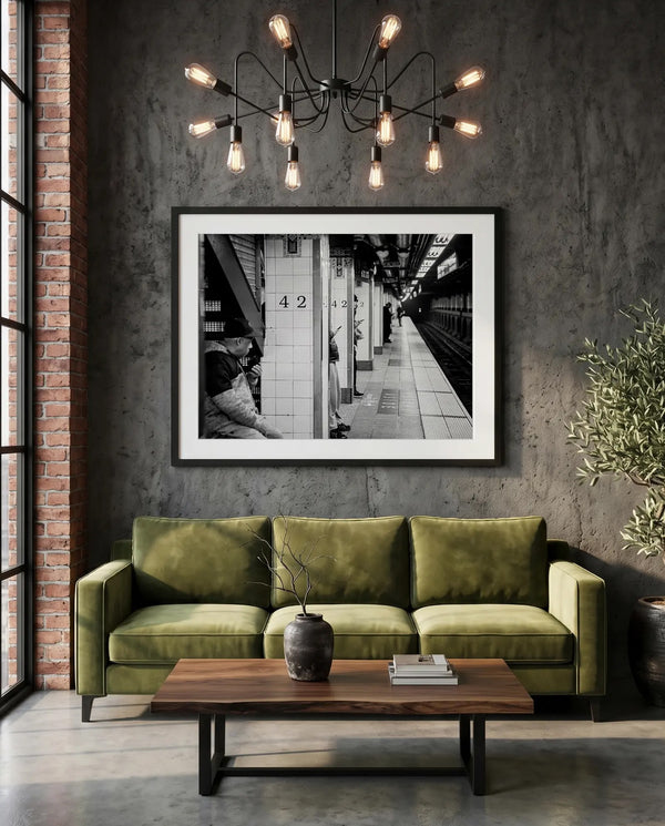 NYC Subway 42nd Street Phones, Portals Series — green velvet couch room mockup, Good Beans NYC.