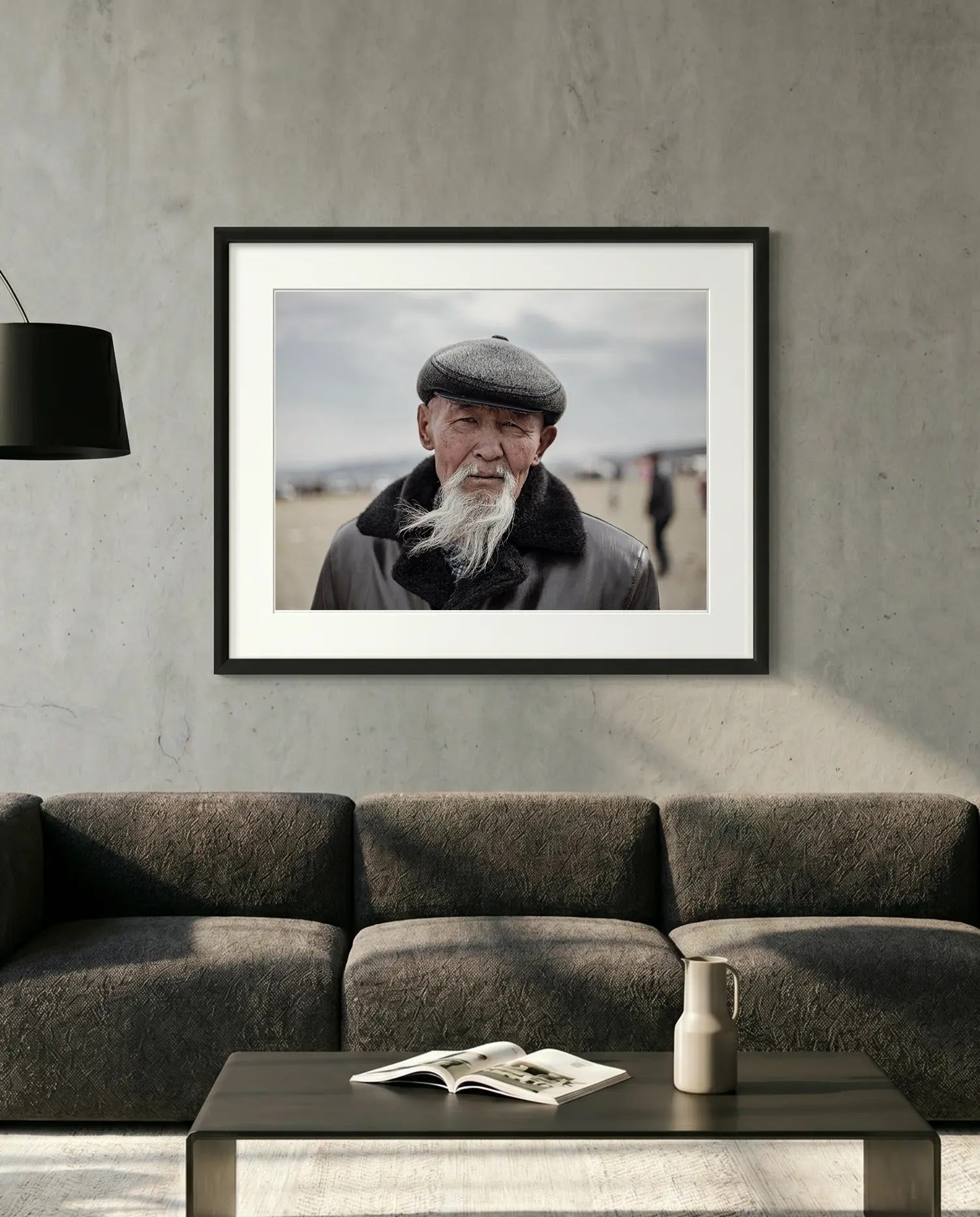 Old Mongolian Man Portrait, Bayan-Ölgii — minimalist close-up framed print mockup, Good Beans NYC.
