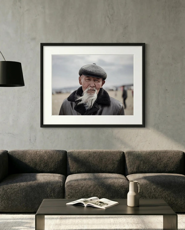 Old Mongolian Man Portrait, Bayan-Ölgii — minimalist close-up framed print mockup, Good Beans NYC.