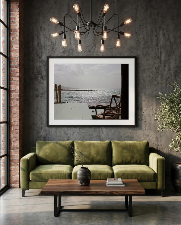Wing Foiling off the Coast of Byblos, Lebanon — green velvet couch room mockup, Good Beans NYC.