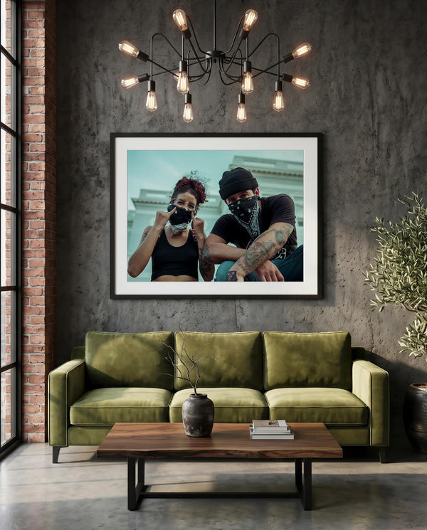Puerto Rico Masked Protesters at the Capitol — green velvet couch room mockup, Good Beans NYC.