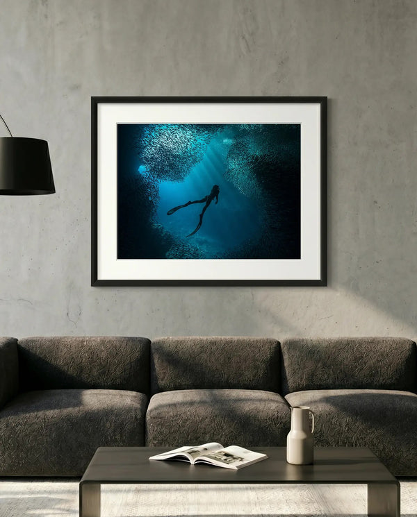 Free Diver Off Mexico Coast, Photo by Karim Iliya — minimalist close-up framed print mockup, Good Beans NYC.