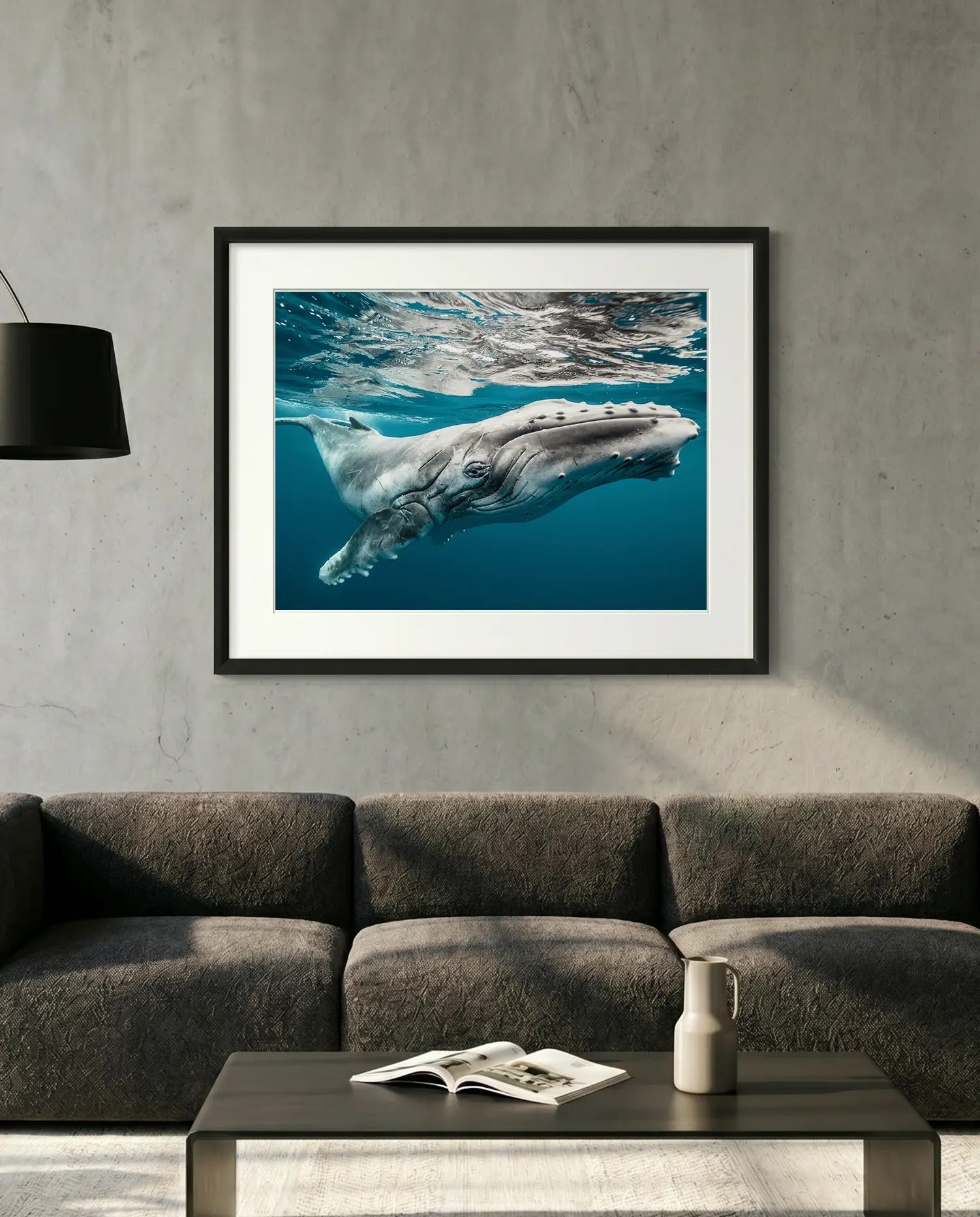 Baby Humpback Whale off the Coast of Tonga, Photo by Karim Iliya — minimalist close-up framed print mockup, Good Beans NYC.