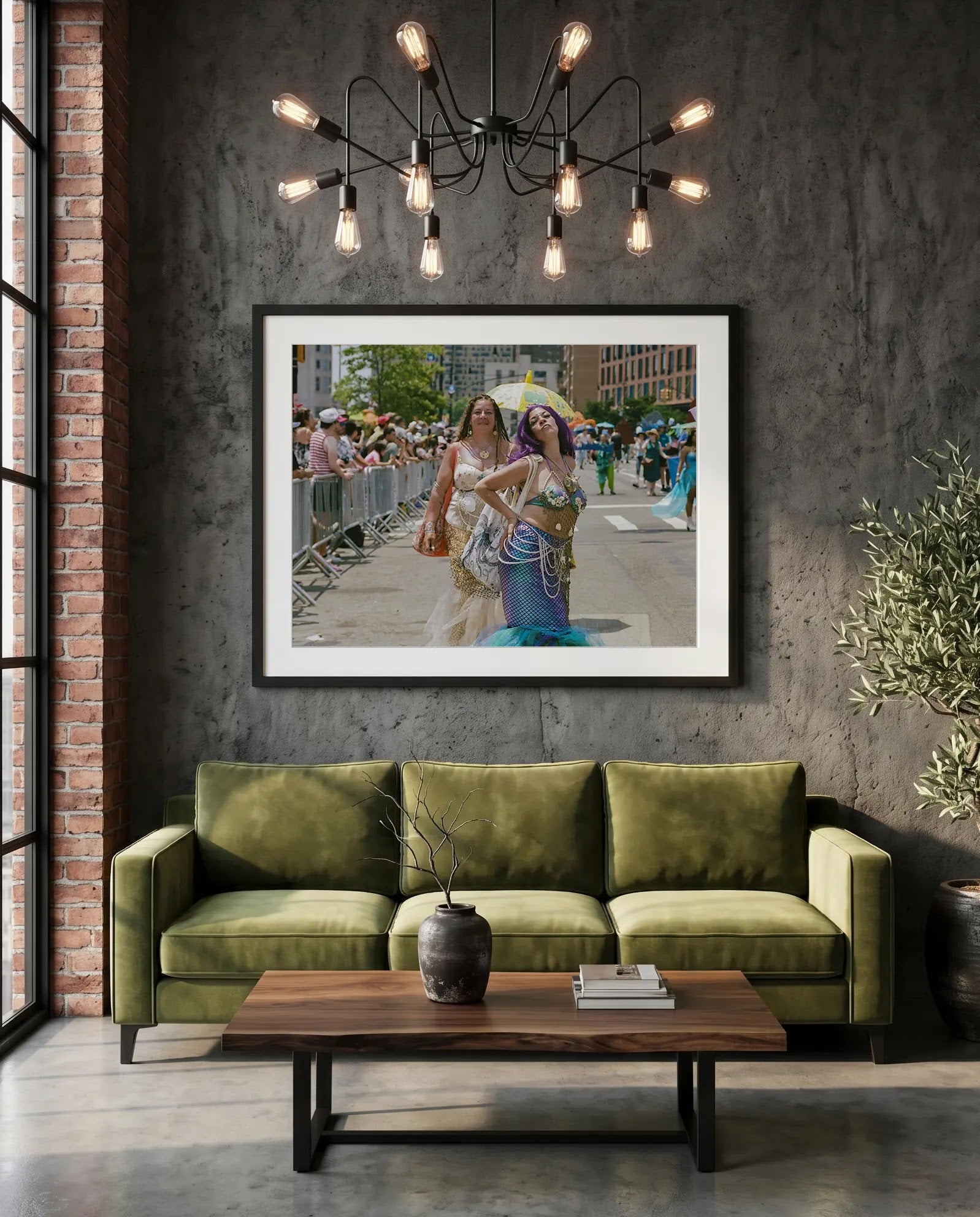 NYC Mermaid Parade Mermaids Posing, Surf Avenue — green velvet couch room mockup, Good Beans NYC.