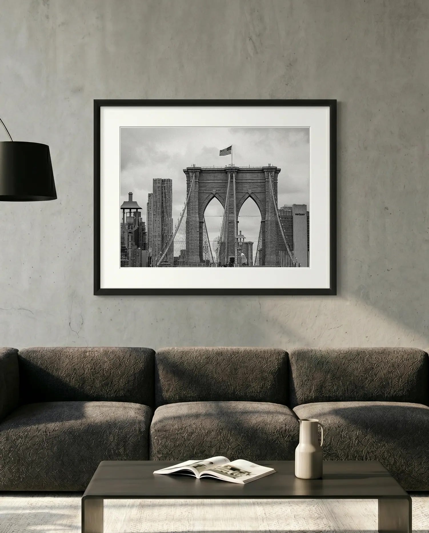 NYC Brooklyn Bridge from Afar, Manhattan Skyline — minimalist close-up framed print mockup, Good Beans NYC.
