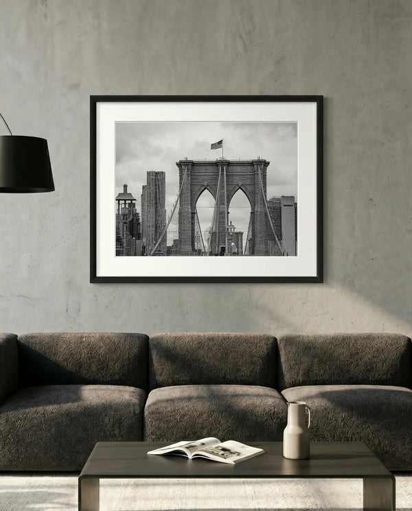 NYC Brooklyn Bridge from Afar, Manhattan Skyline — minimalist close-up framed print mockup, Good Beans NYC.