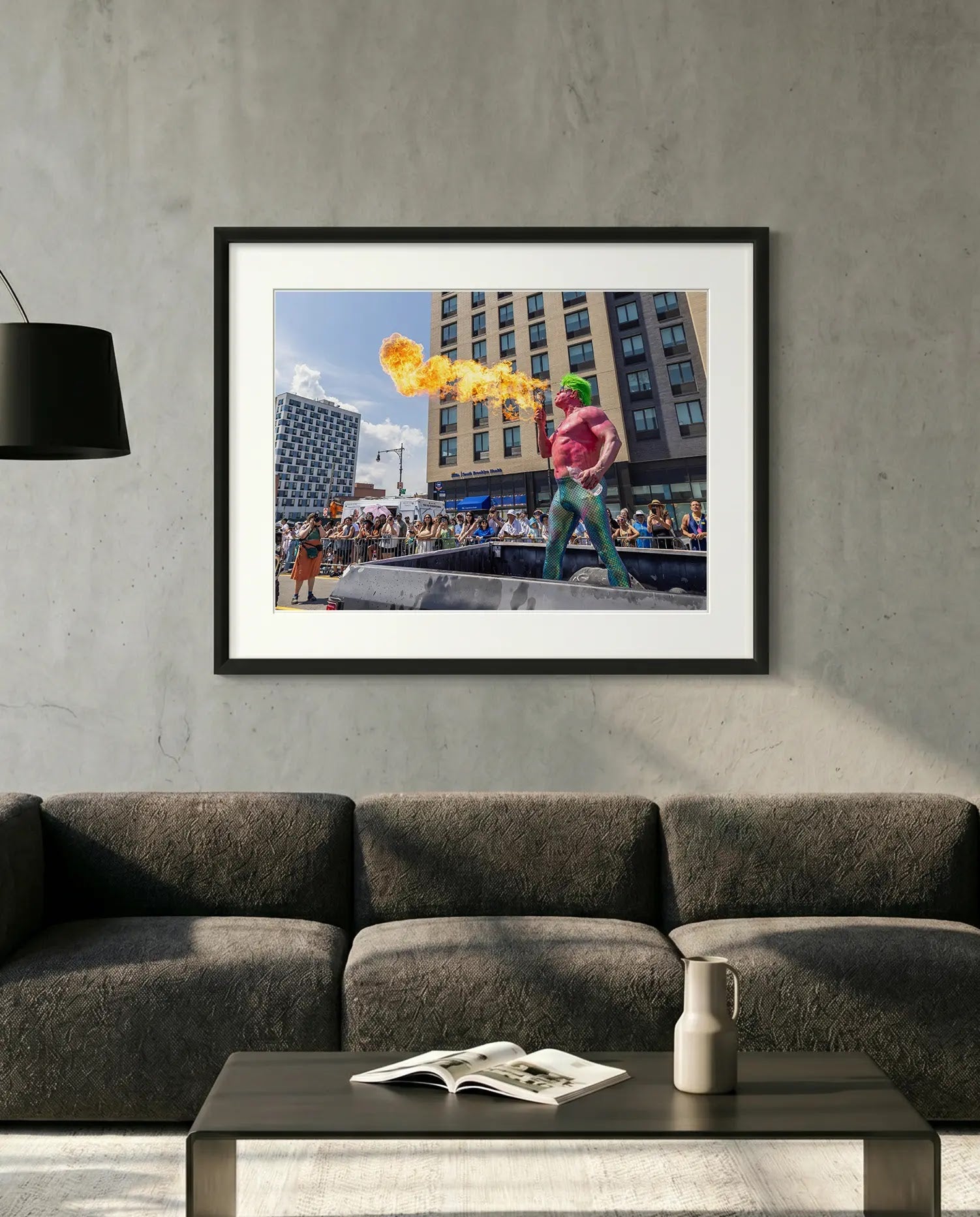 NYC Mermaid Parade Fire-Breather, Coney Island — minimalist close-up framed print mockup, Good Beans NYC.