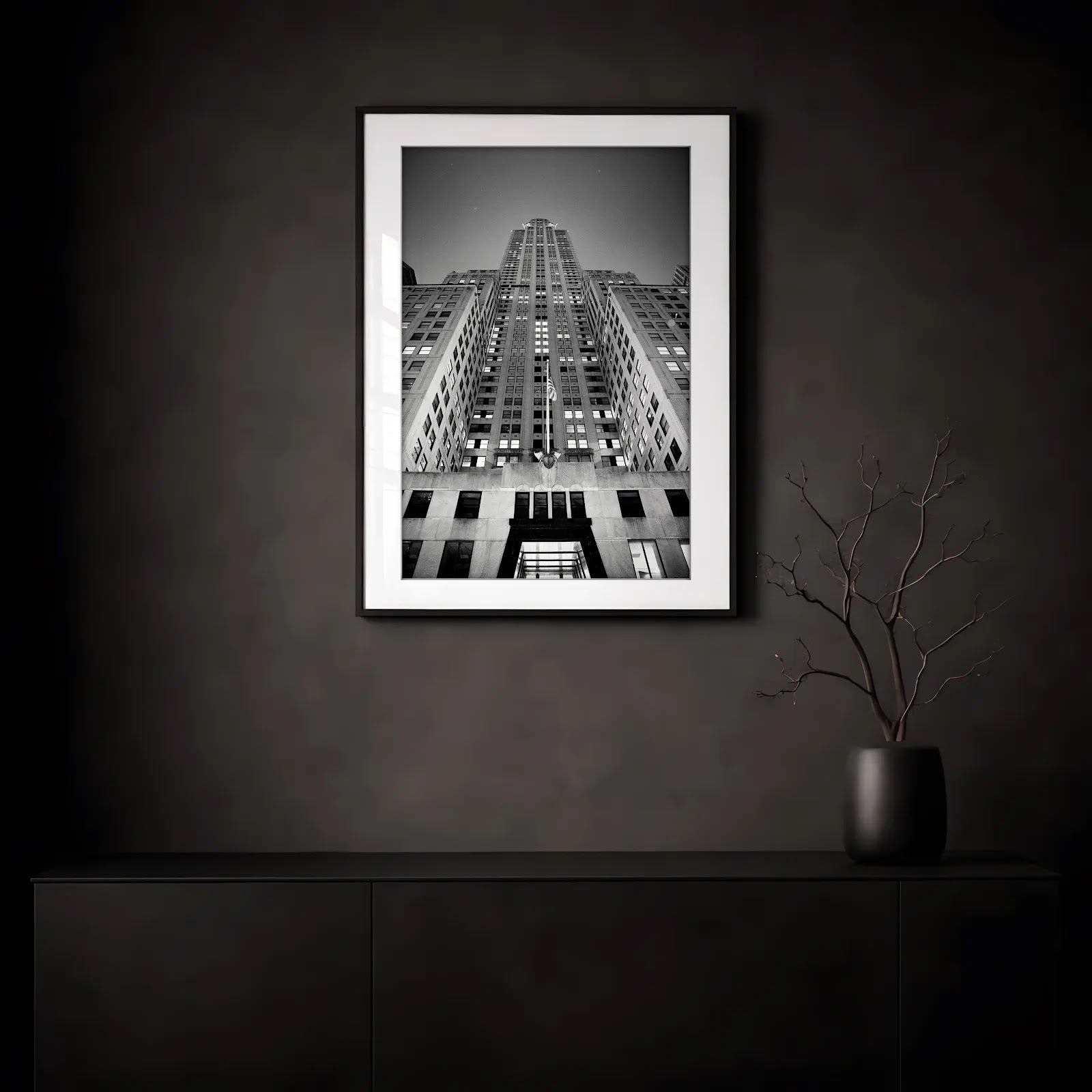 NYC Chrysler Building from Below, Art Deco Crown — transparent frame mockup, Good Beans NYC.