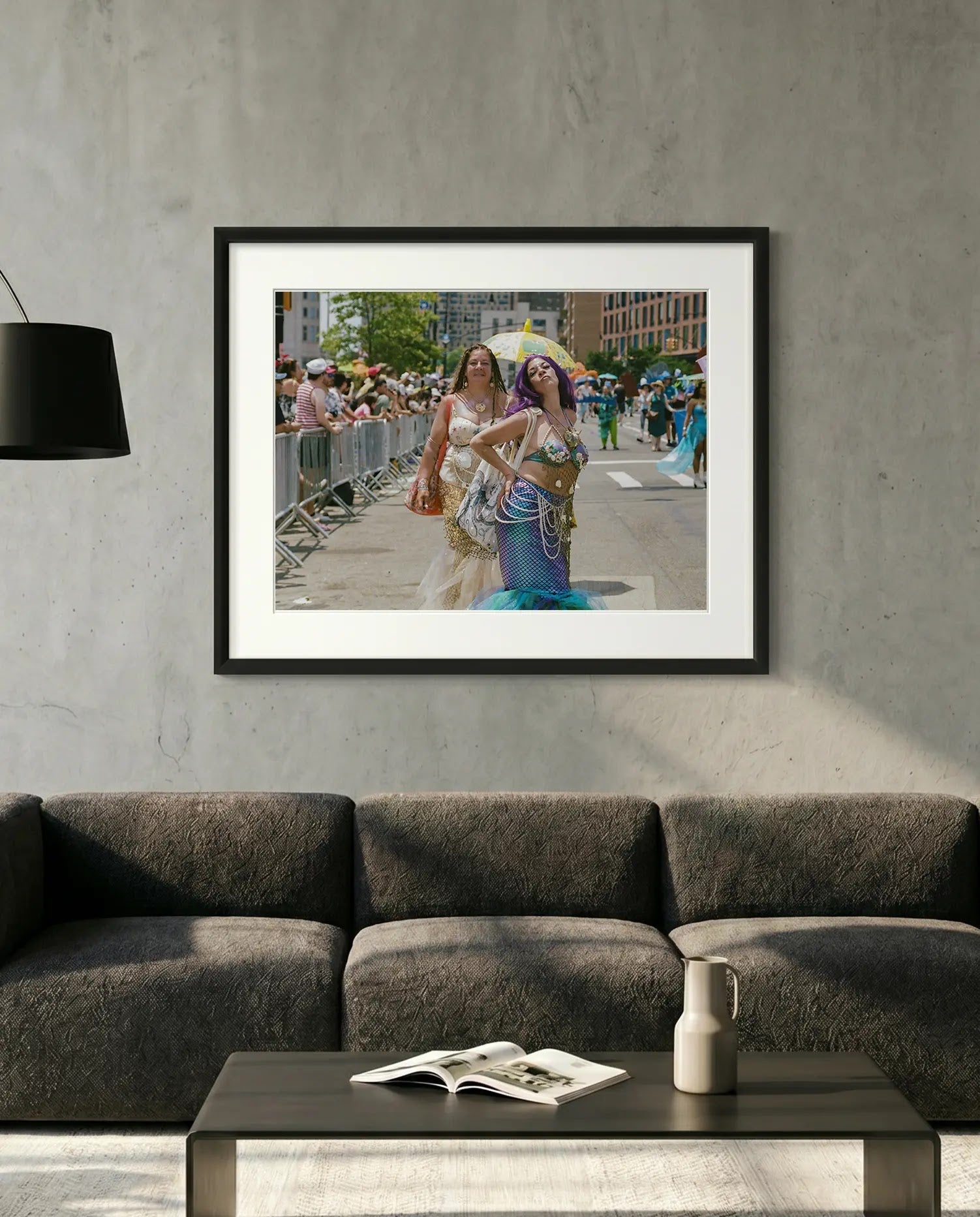 NYC Mermaid Parade Mermaids Posing, Surf Avenue — minimalist close-up framed print mockup, Good Beans NYC.