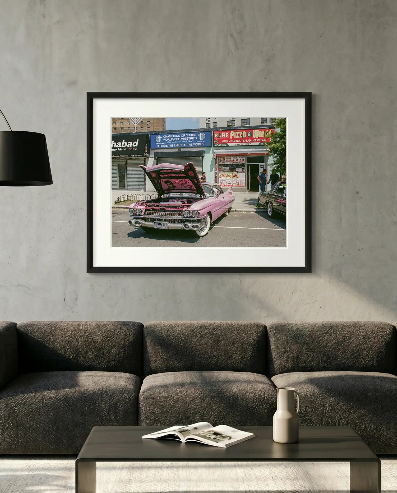 NYC Pink Caddy at Coney Island, Chabad-Christ-Pizza Block — minimalist close-up framed print mockup, Good Beans NYC.