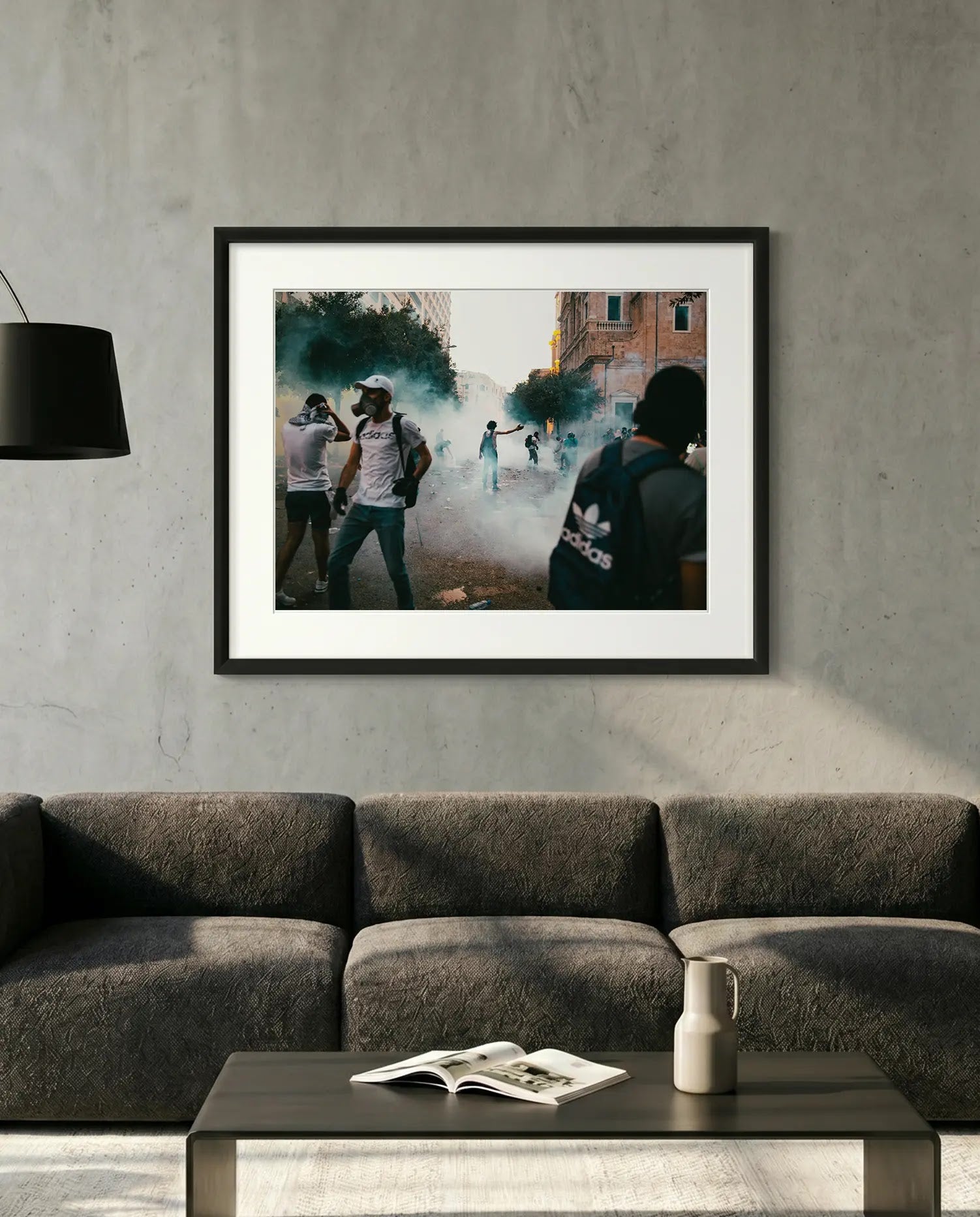 Beirut Tear Gas Protest, October Revolution — minimalist close-up framed print mockup, Good Beans NYC.