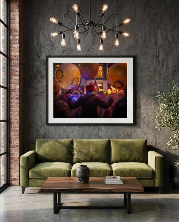 Istanbul Women's March Balloons, Red Hat — green velvet couch room mockup, Good Beans NYC.