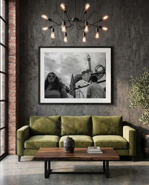 NYC Coney Island Tillie Face, Luna Park — green velvet couch room mockup, Good Beans NYC.