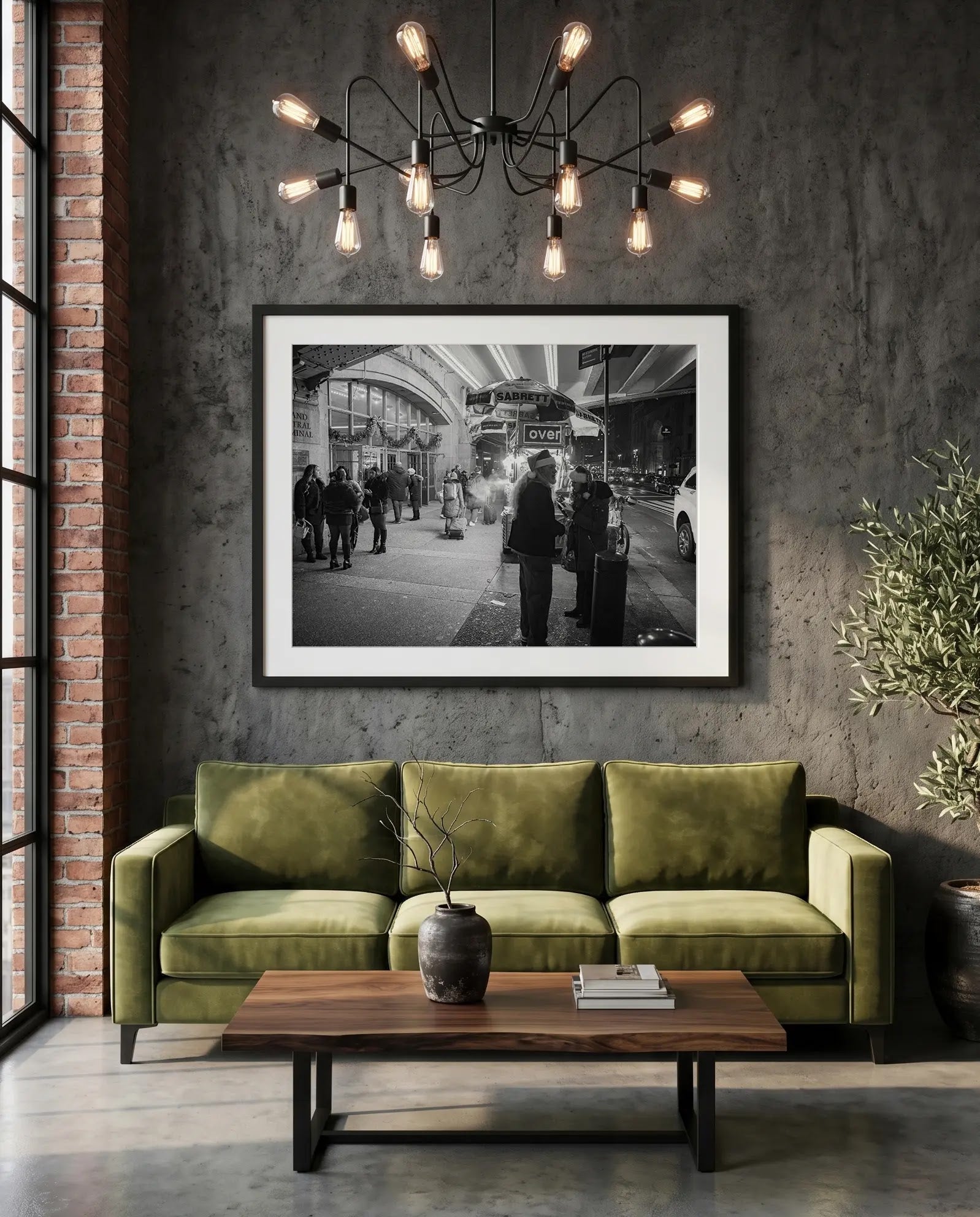 NYC Grand Central Santa Cart, 42nd Street — green velvet couch room mockup, Good Beans NYC.