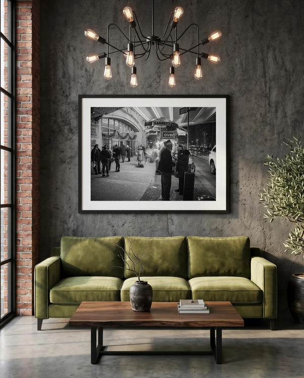 NYC Grand Central Santa Cart, 42nd Street — green velvet couch room mockup, Good Beans NYC.