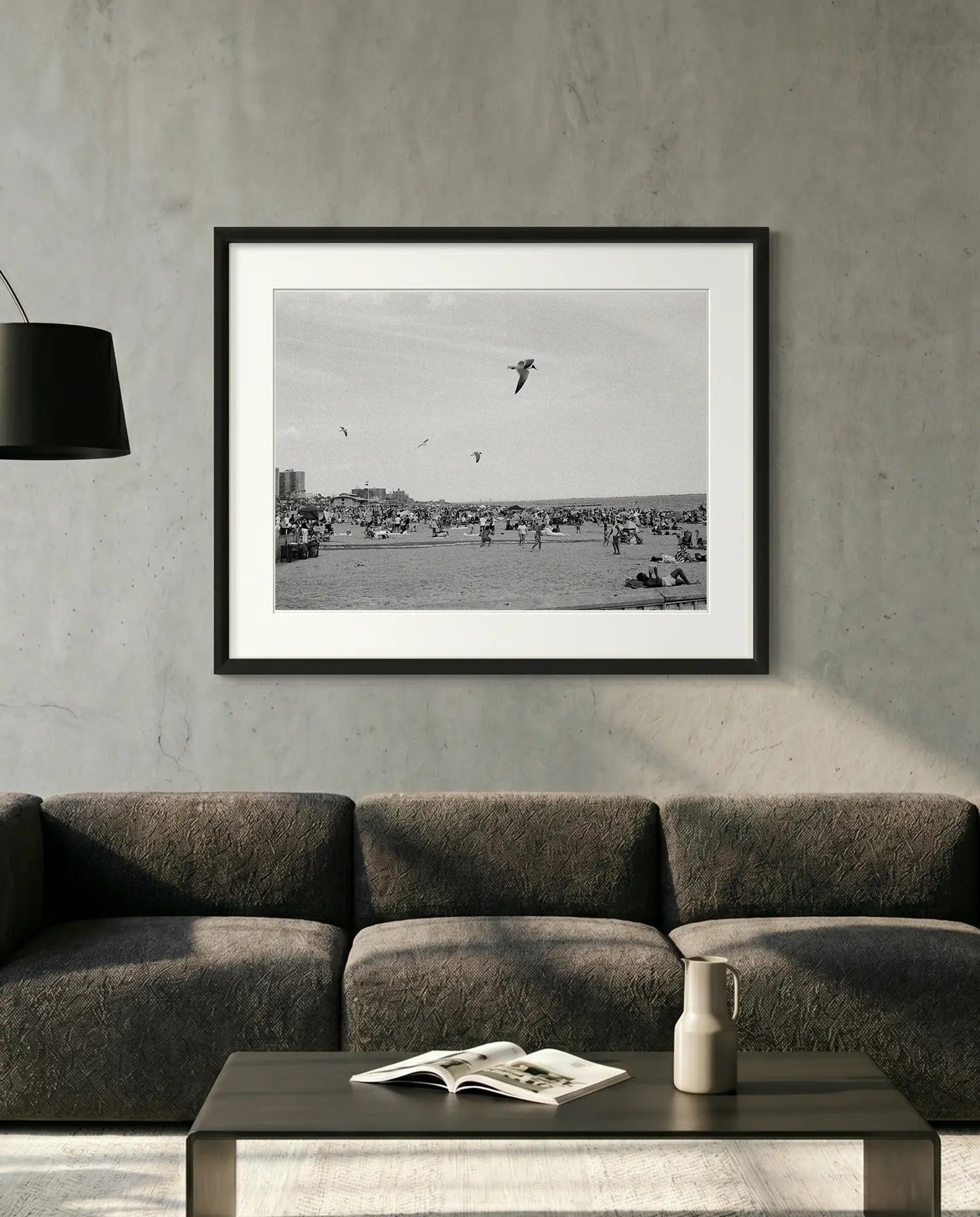 NYC Coney Island Beach Birds, Brooklyn — minimalist close-up framed print mockup, Good Beans NYC.