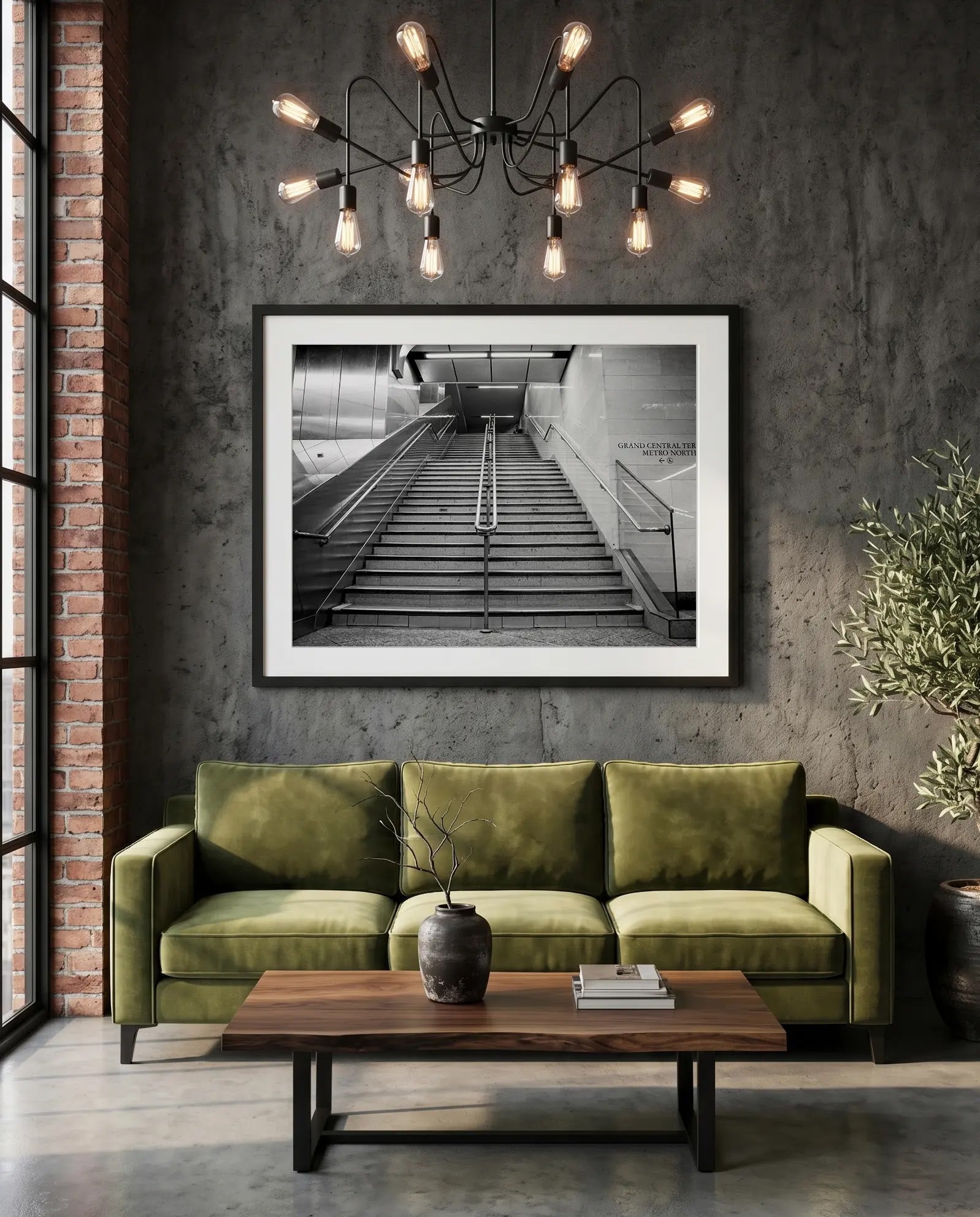 NYC Subway Grand Central Emptiness, Portals Series — green velvet couch room mockup, Good Beans NYC.