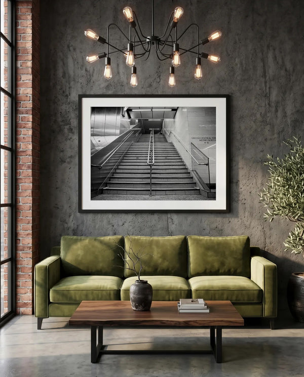 NYC Subway Grand Central Emptiness, Portals Series — green velvet couch room mockup, Good Beans NYC.
