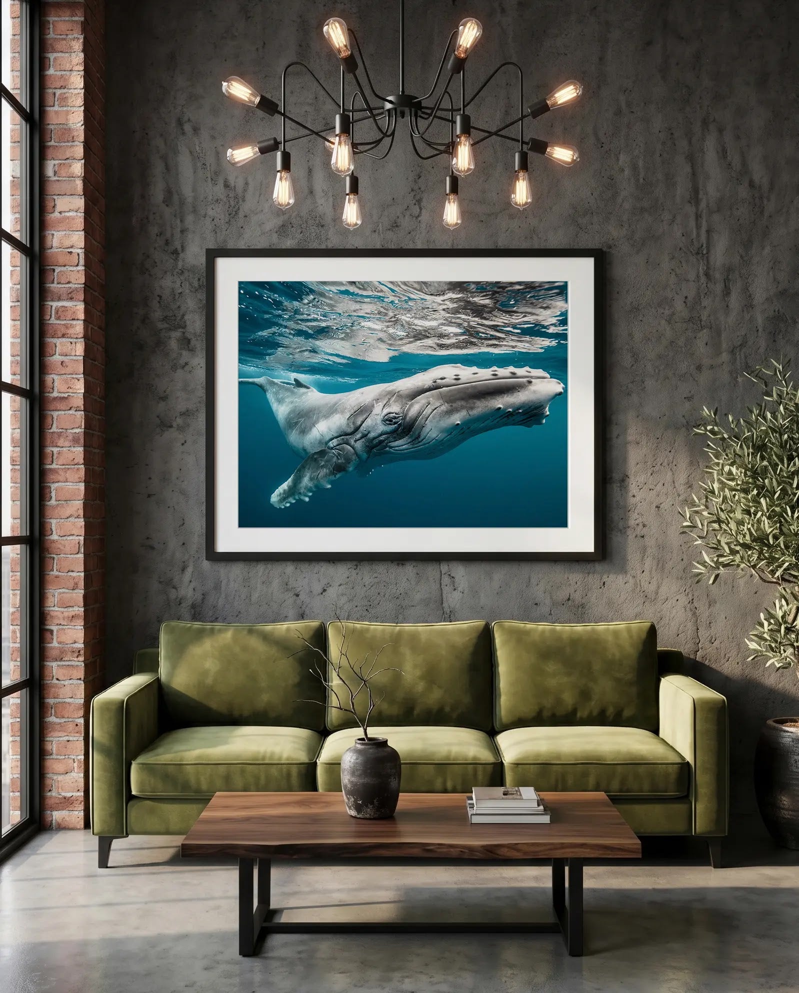 Baby Humpback Whale off the Coast of Tonga, Photo by Karim Iliya — green velvet couch room mockup, Good Beans NYC.