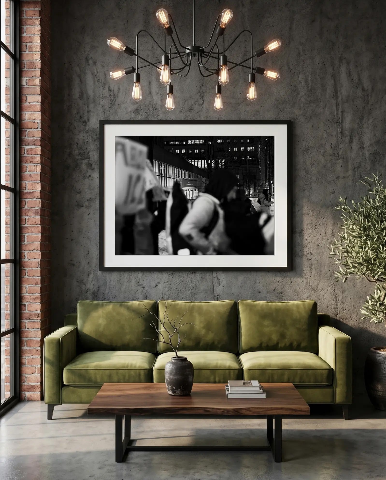 NYC Abolish ICE Entrance, Manhattan — green velvet couch room mockup, Good Beans NYC.