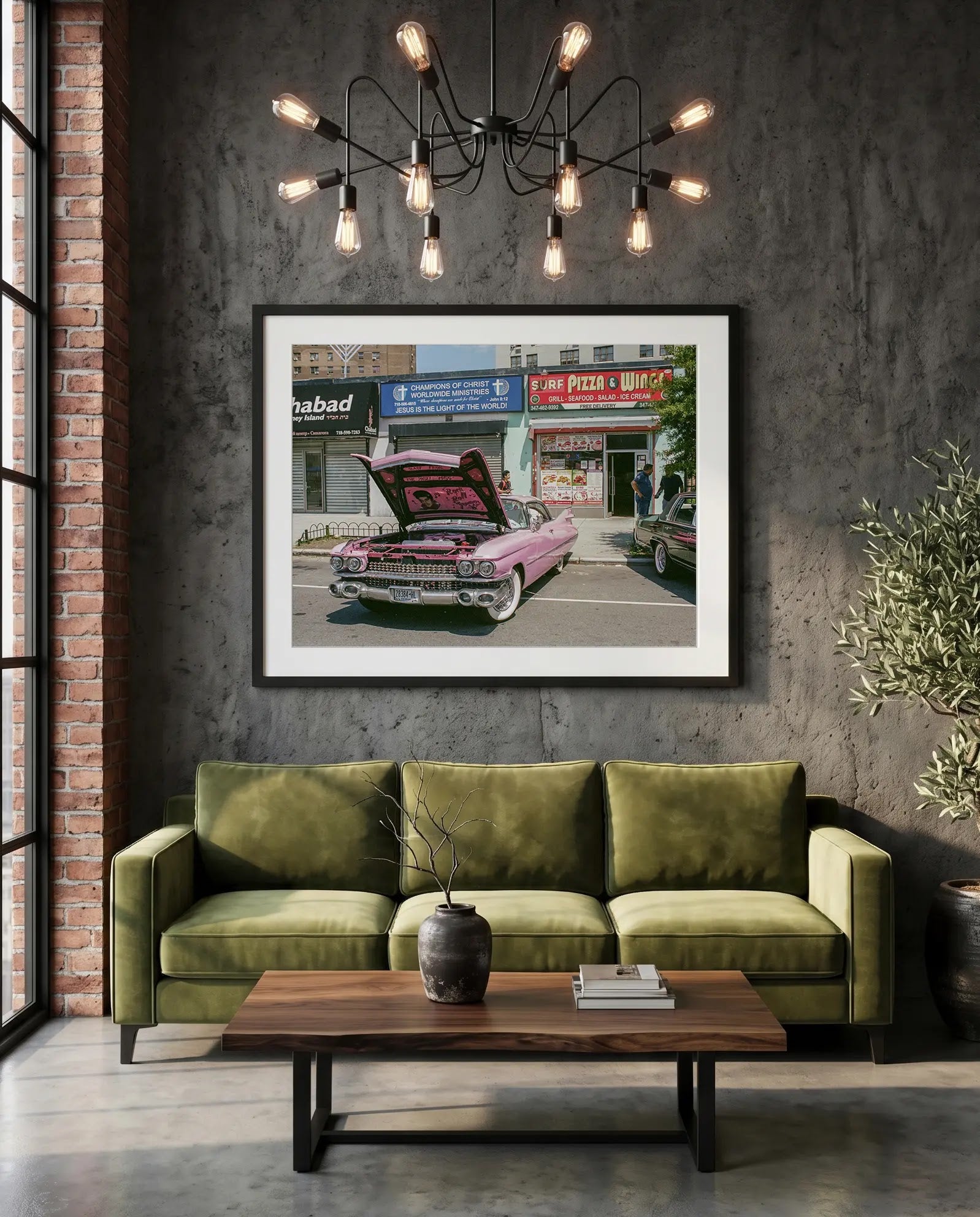 NYC Pink Caddy at Coney Island, Chabad-Christ-Pizza Block — green velvet couch room mockup, Good Beans NYC.
